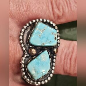 Turqouise Ring Huge Size 11 Bronze And Sterling Silver  Nwot Bold Huge Dynamic
